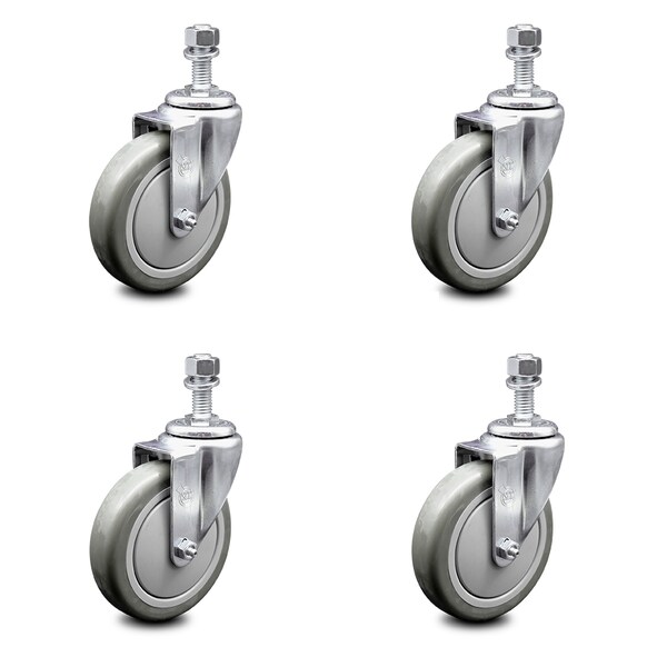 5 Inch Gray Polyurethane Wheel Swivel 1/2 Inch Threaded Stem Caster Set SCC